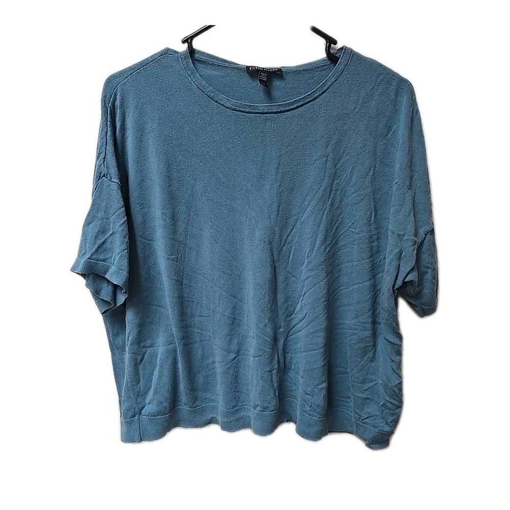 EILEEN FISHER Teal Blue Knit Top Size L‎ Tencel Lyocell Boxy Short Sleeve